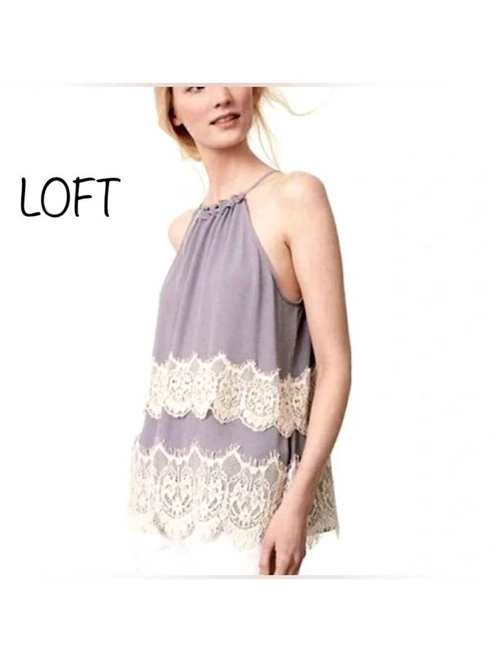 Loft Halter Romantic Lilac Cream Lace Whimsical tie neck Top size XXS Petite